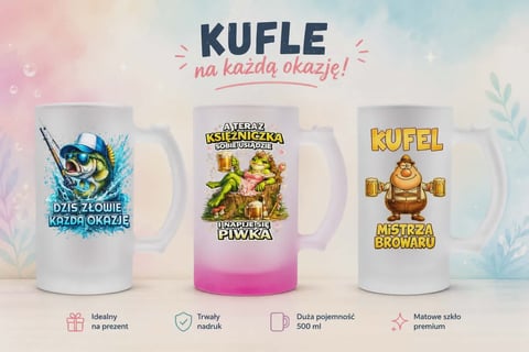 Three promotional mugs with Polish text and cartoon characters, displayed on a pastel watercolor background with product benefit icons below