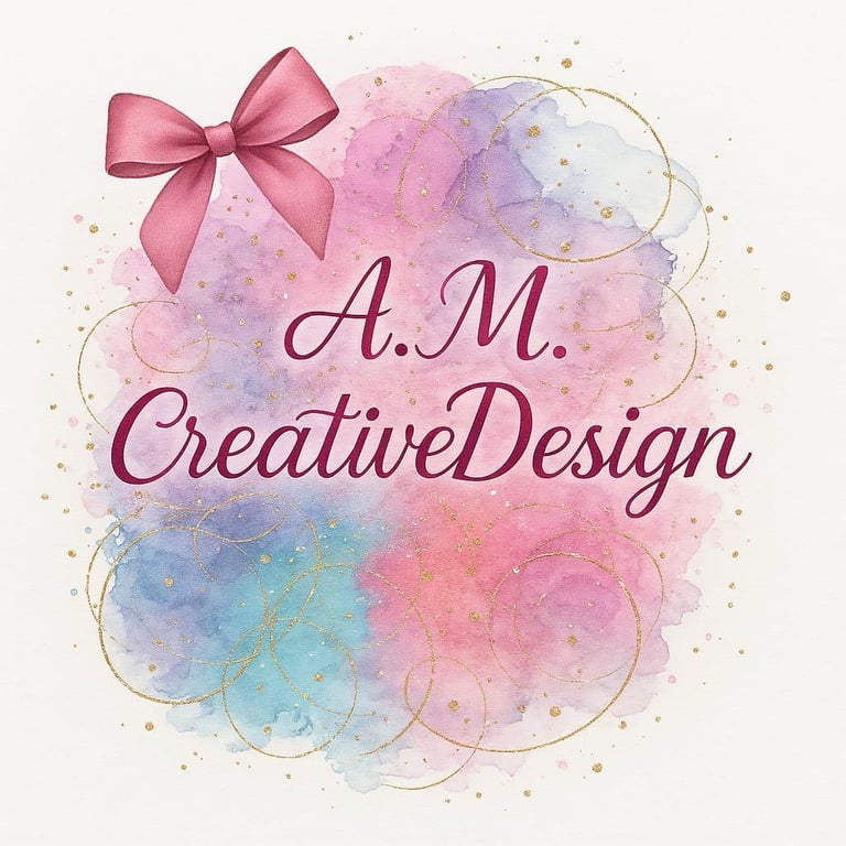 Logo for A.M. CreativeDesign featuring a pink bow and watercolor splash in pastel colors with gold accents