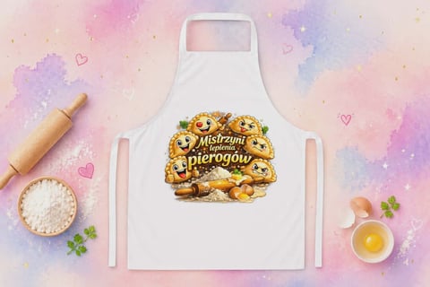 White kitchen apron with Mistrzymi Pierogów logo surrounded by baking ingredients on pastel watercolor background