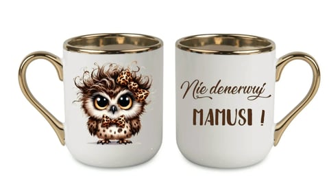 Two ceramic mugs with gold handles, one showing an angry owl illustration, the other with Polish text Nie denerwuj MANUS I
