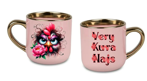Two pink ceramic mugs with gold handles. Left mug features colorful pansy flower design. Right mug has Very Sure Nails text in red letters.