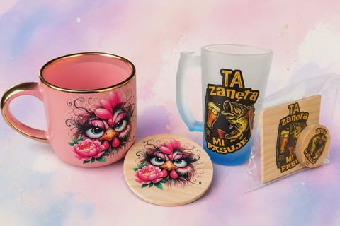 Collection of merchandise featuring artistic floral and mystical eye designs including a pink mug, coaster, glass, and wooden items on pastel background