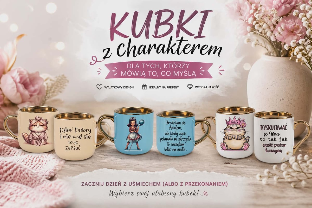 Collection of ceramic mugs with gold handles featuring Polish character designs displayed among pink flowers and decorative elements