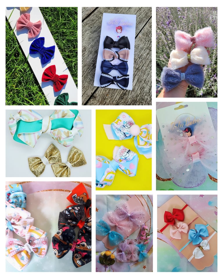 Grid of 12 photos displaying various handmade fabric bows and hair accessories in different colors, patterns, and styles arranged on white paper and kraft packaging backgrounds