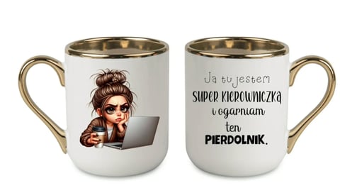 Two ceramic mugs with gold handles showing illustrated woman with laptop on front and Polish text on back