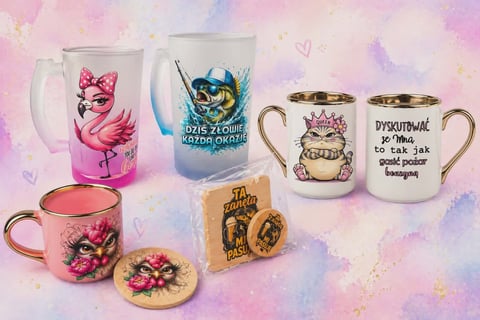 Collection of decorative mugs and drinkware with floral and humorous designs on a colorful pastel watercolor background